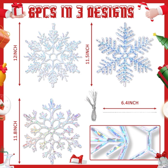 Ayieyill 6pcs Large White Snowflakes Decorations, 12” Big Plastic Glitter Snowflake for Winter Indoor Outdoor Christmas Tree Decorations Giant Craft Snowflakes