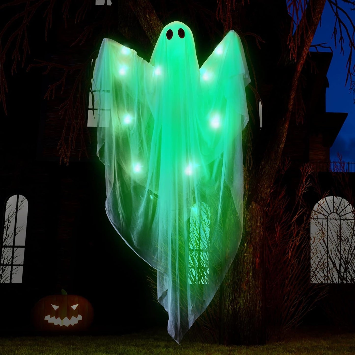 Ayieyill Halloween Ghost Decor with Blue LED Light, 47” Light up Hanging Ghost Halloween Yard Porch Decorations Outdoor
