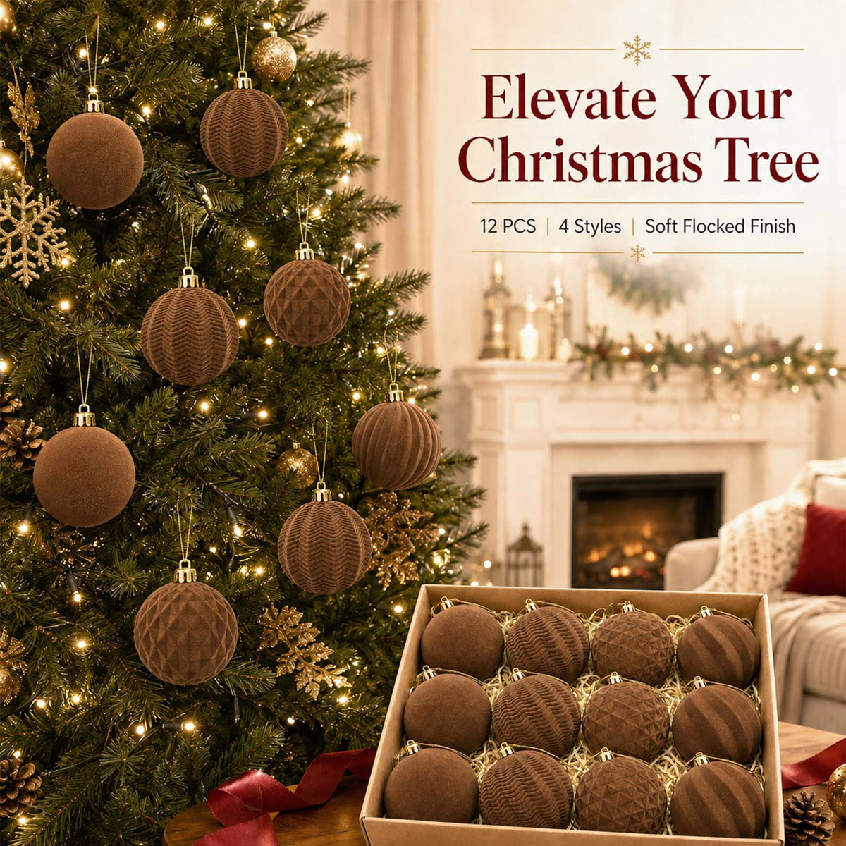 Ayieyill 12 Pack Christmas Ball Ornaments, Flocked Christmas Tree Ornaments, Christmas Hanging Ornaments for Christmas Decorations Indoor