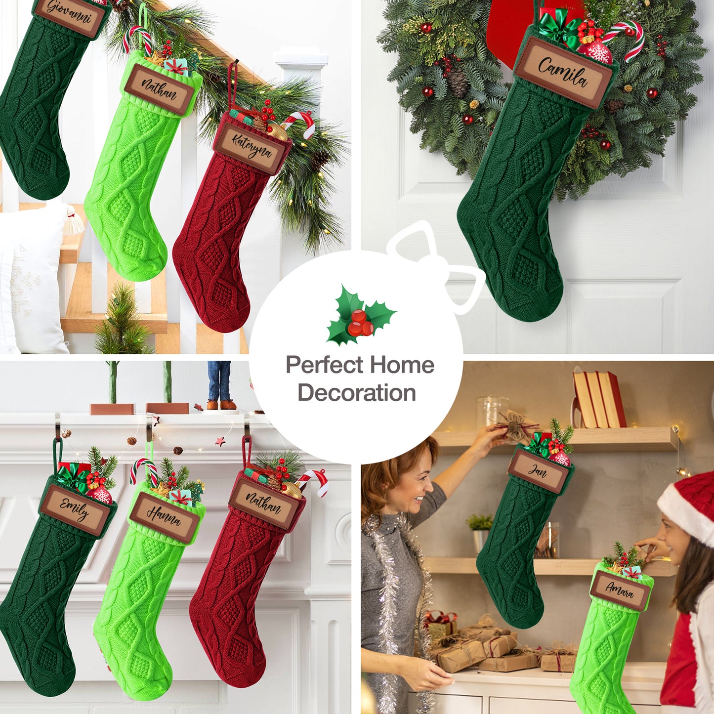 Ayieyill 6Pack Christmas Stockings, 18" Large Knitted Stocking Personalized Xmas Hanging Stocking Decorations with Name Leather Patches for Holiday Christmas Party Family Decor