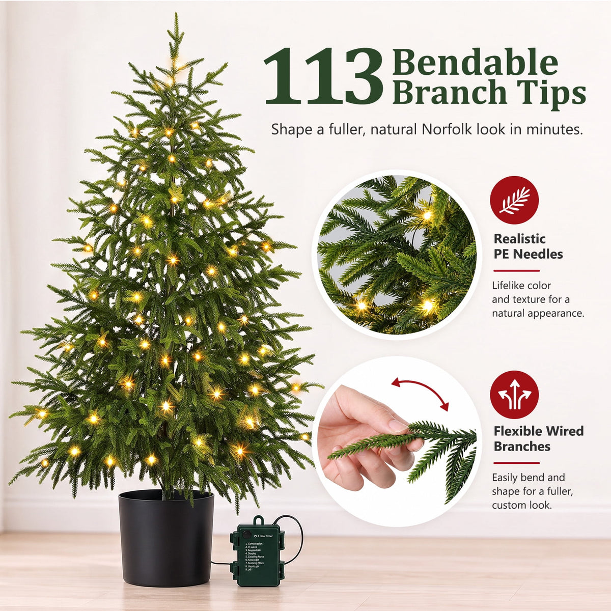 Ayieyill 4FT Norfolk Pine Christmas Tree, 2 Pack Norfolk Pine Tree with 80 LED Lights, Indoor Holiday Christmas Decorations