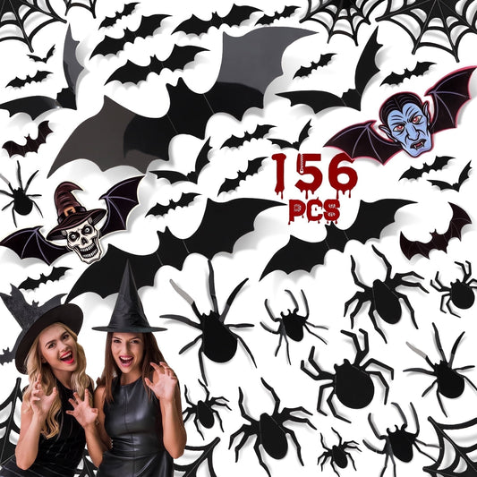 Ayieyill 156PCS Halloween Bats Decoration, 4 Different Sizes Realistic PVC Black 3D Bats Wall Sticker for Halloween Wall Decals Halloween Party Supplies