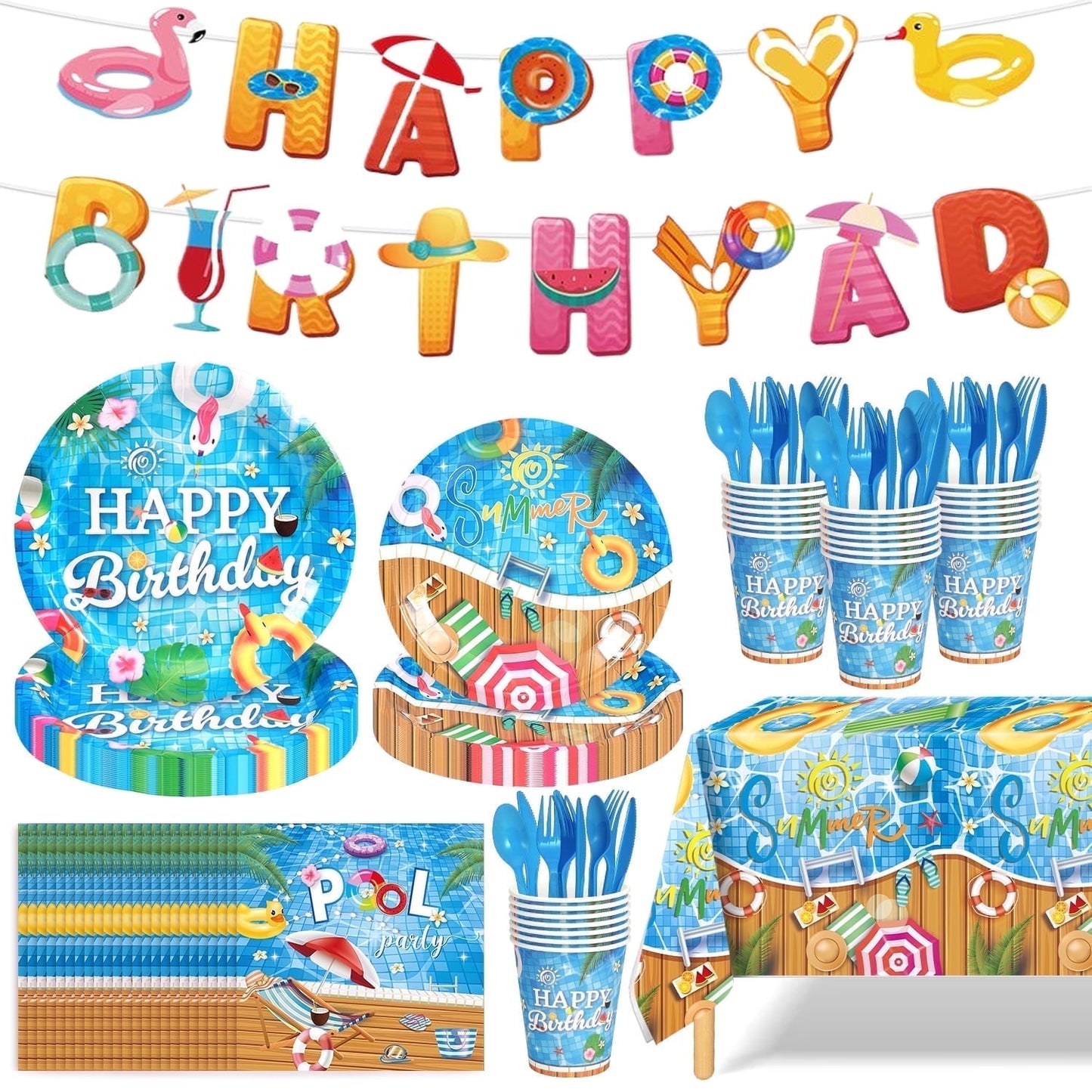 Ayieyill 170Pcs Happy Birthday Decorations Kit, Birthday Party Supplies Set for 24 Guests, Includes Plates and Cups and Napkins Straws Sets