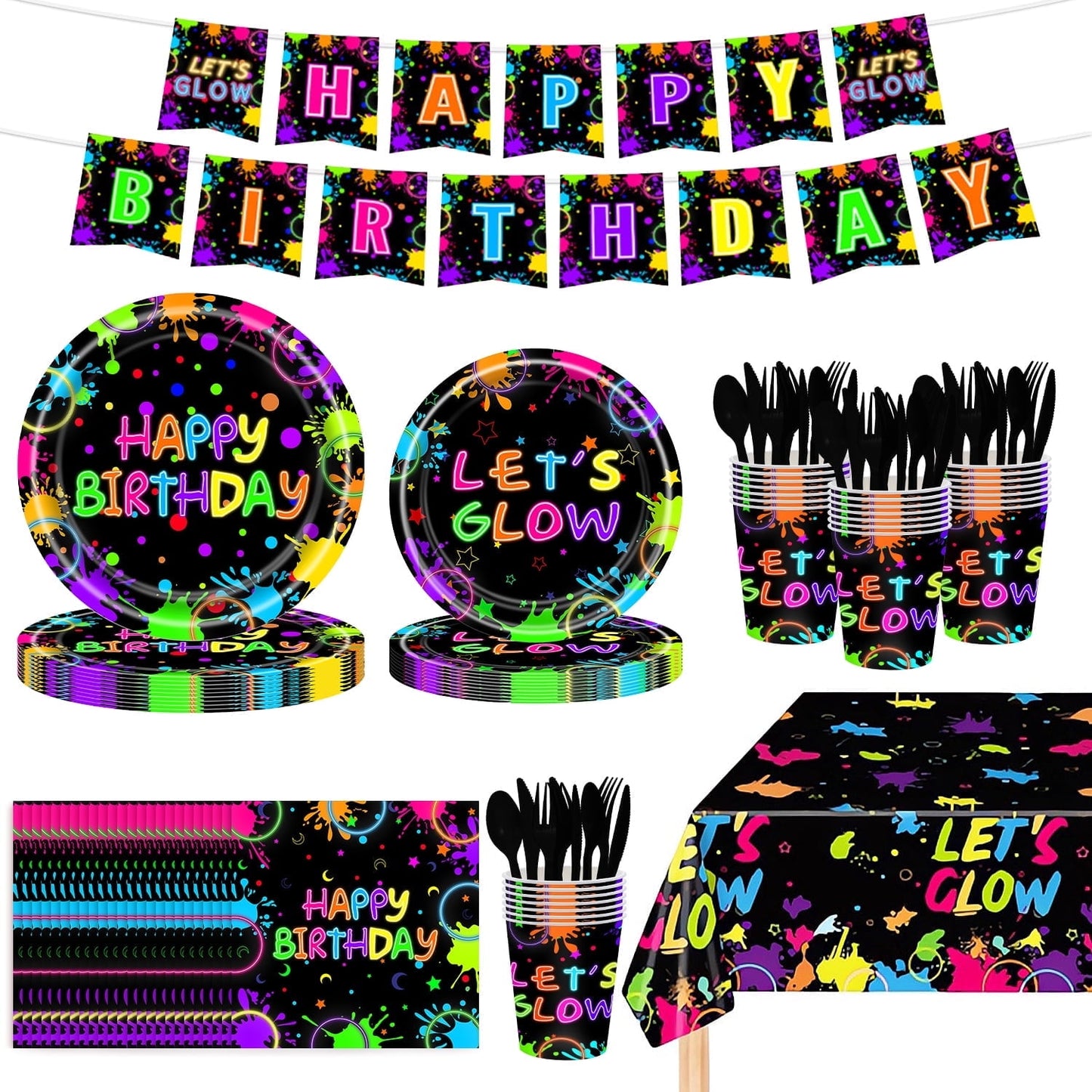 Ayieyill 170Pcs Happy Birthday Decorations Kit, Birthday Party Supplies Set for 24 Guests, Includes Plates and Cups and Napkins Straws Sets