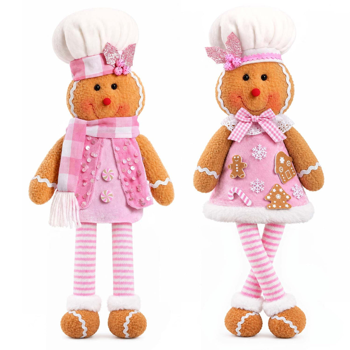 Ayieyill 2Pcs Christmas Gingerbread Man Plush Dolls, Pink Sitting Long Leg Gingerbread Plush, Cute Gingerbread Decor for Christmas Holiday Home Party