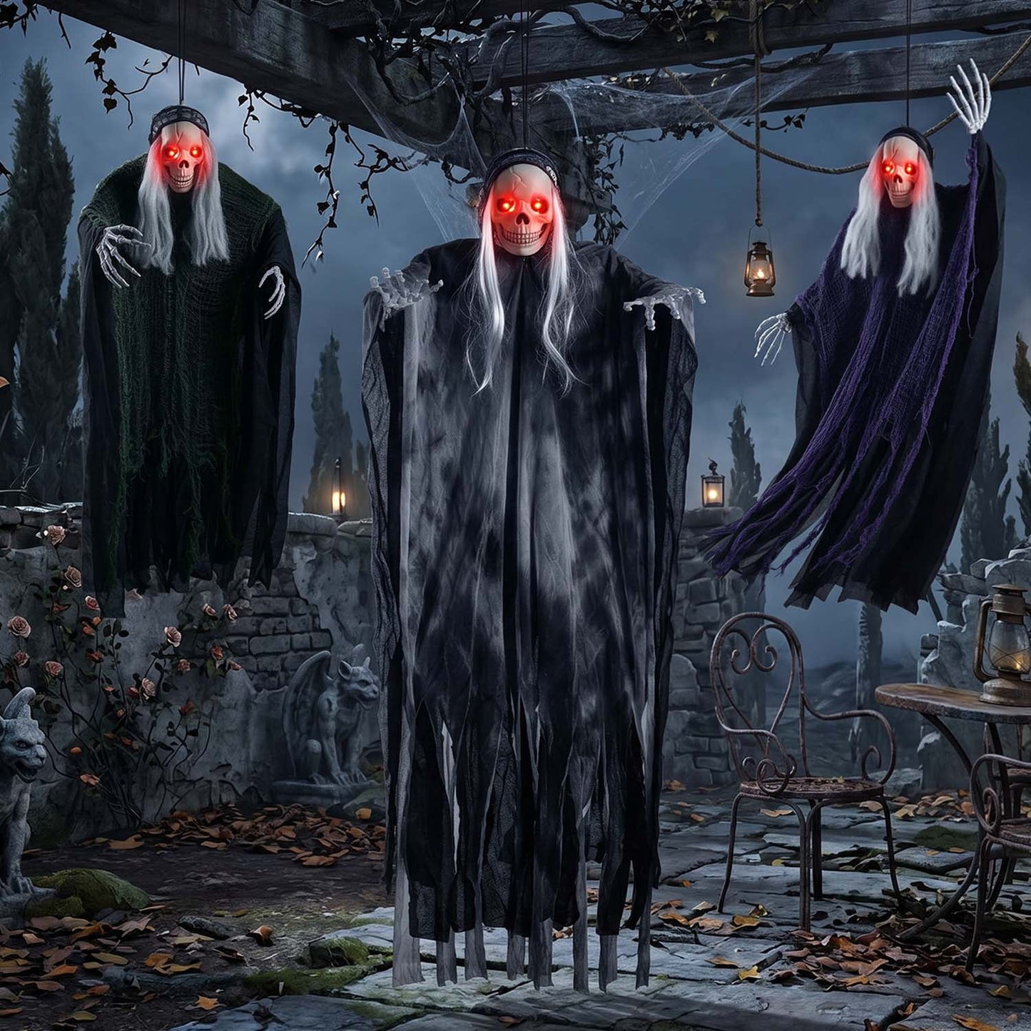 Ayieyill 3 Pack Hanging Skeleton Ghosts for Halloween Decorations Outdoor, Grim Reaper for Halloween Decor