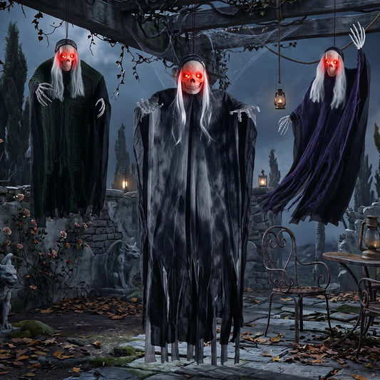 Ayieyill 3 Pack Hanging Skeleton Ghosts for Halloween Decorations Outdoor, Grim Reaper for Halloween Decor
