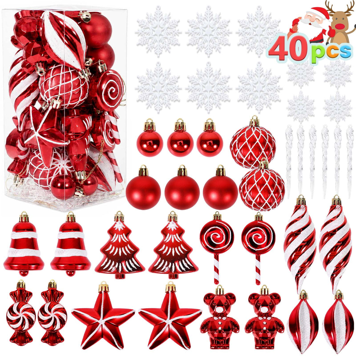 Ayieyill 40ct Christmas Ball Ornaments, Candy Cane Christmas Ornament Set, Shatterproof Christmas Ball with Rope for Tree