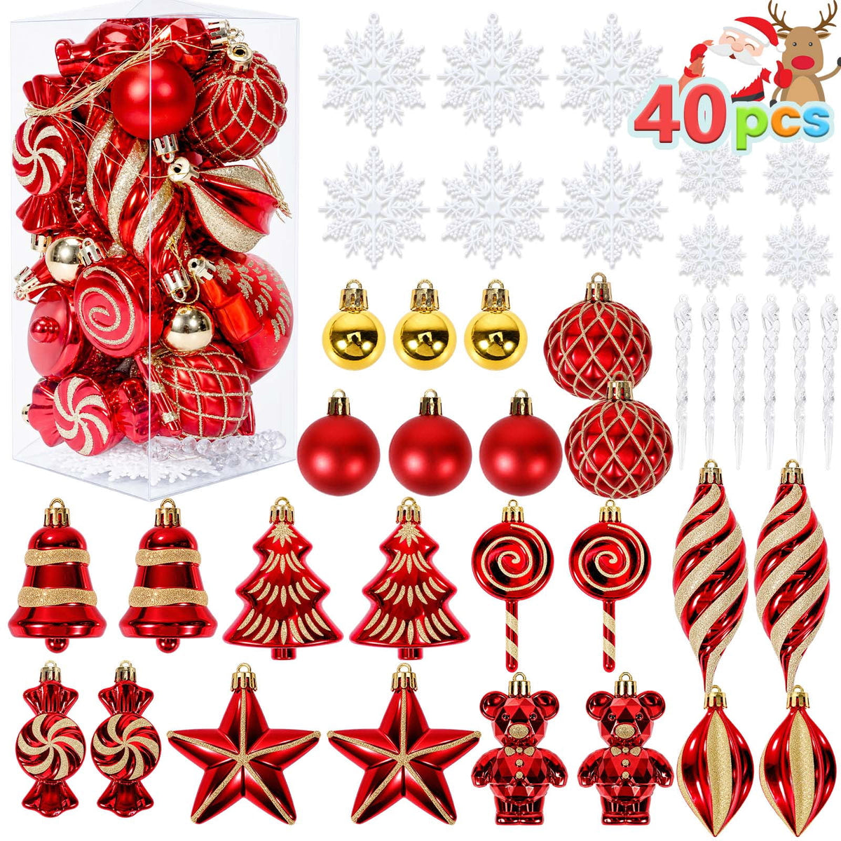 Ayieyill 40ct Christmas Ball Ornaments, Candy Cane Christmas Ornament Set, Shatterproof Christmas Ball with Rope for Tree