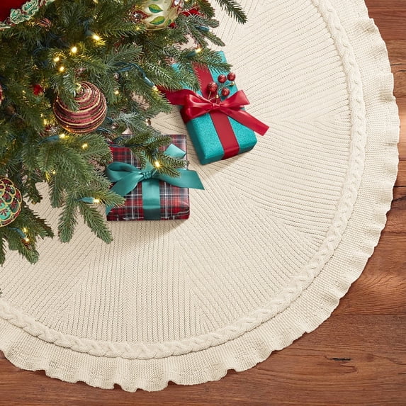 Ayieyill Christmas Tree Skirt, 48 inches White Tree Skirt Luxury Cable Knit Knitted Thick Rustic Xmas Tree Skirt Christmas Decoration, Cream
