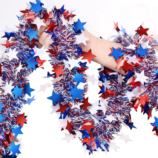 Ayieyill 4th of July Garland Patriotic Decorations, Glitter Metallic Tinsel Twist Patriotic Garland, 4th of July Decorations for Parade Float, Wndows, Doors, Stairs, Fireplaces