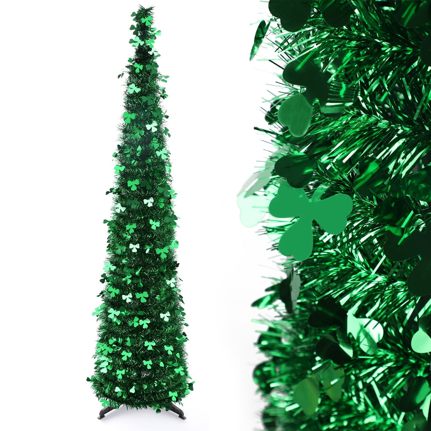Ayieyill 5 ft St. Patrick's Day Pop up Tree Artificial Green Collapsible Christmas Tree Slim Pencil Tinsel Trees