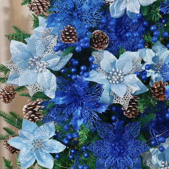 Ayieyill 56Pcs Poinsettia Christmas Flowers Decorations Christmas flower ornaments Artificial Glitter Berry Stems Christmas Pine Cones Christmas Tree Ornaments Set Christmas Tree Decorations
