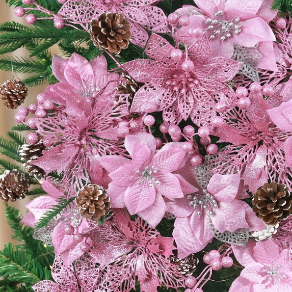 Ayieyill 56Pcs Poinsettia Christmas Flowers Decorations Christmas flower ornaments Artificial Glitter Berry Stems Christmas Pine Cones Christmas Tree Ornaments Set Christmas Tree Decorations