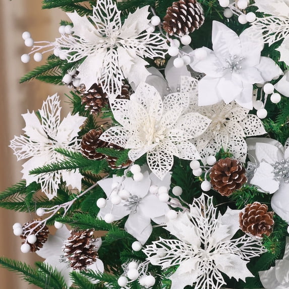 Ayieyill 56Pcs Poinsettia Christmas Flowers Decorations Christmas flower ornaments Artificial Glitter Berry Stems Christmas Pine Cones Christmas Tree Ornaments Set Christmas Tree Decorations