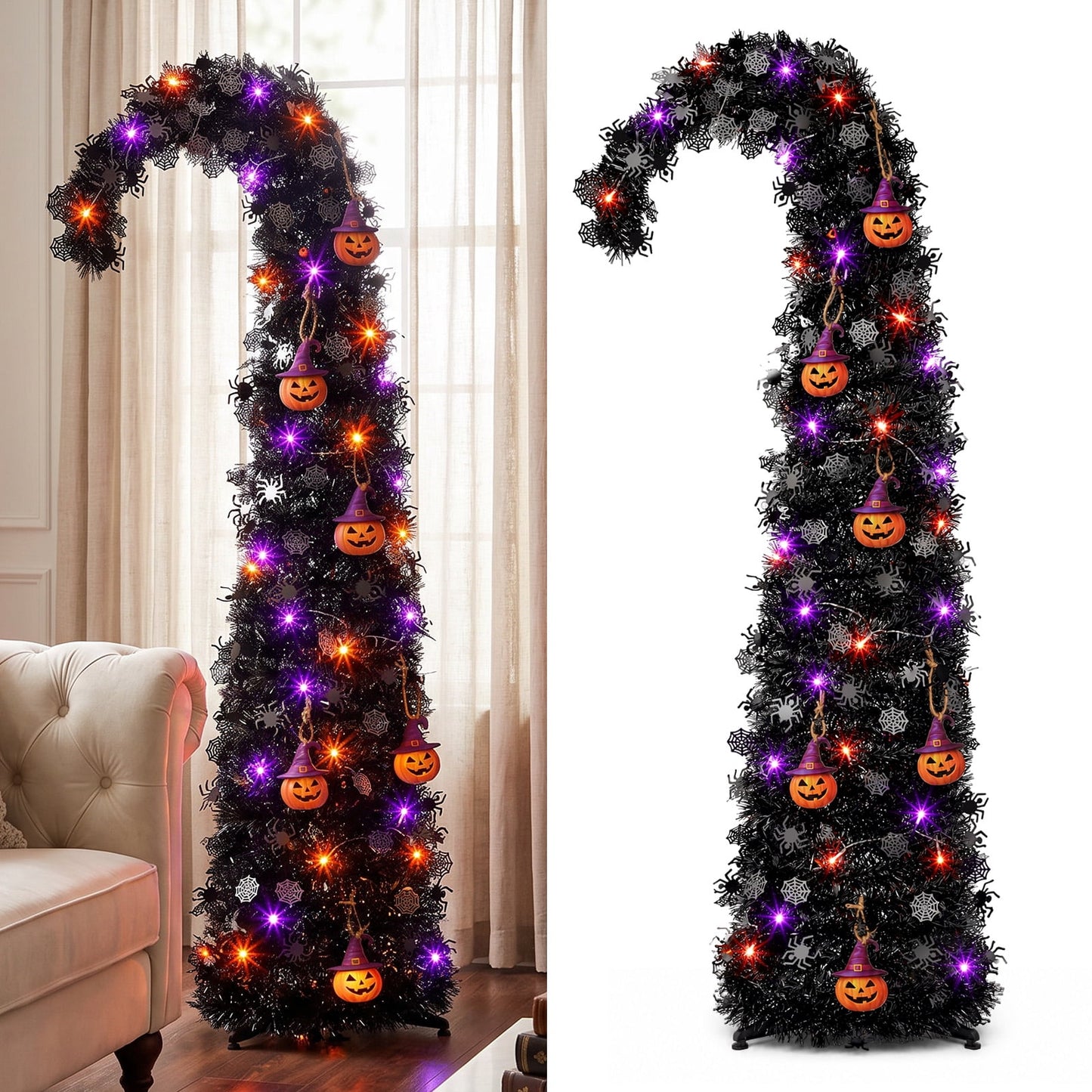 Ayieyill 5ft Pop up Black Halloween Tree, Collapsible Pencil Tree with Spider Web Decor Halloween Decorations