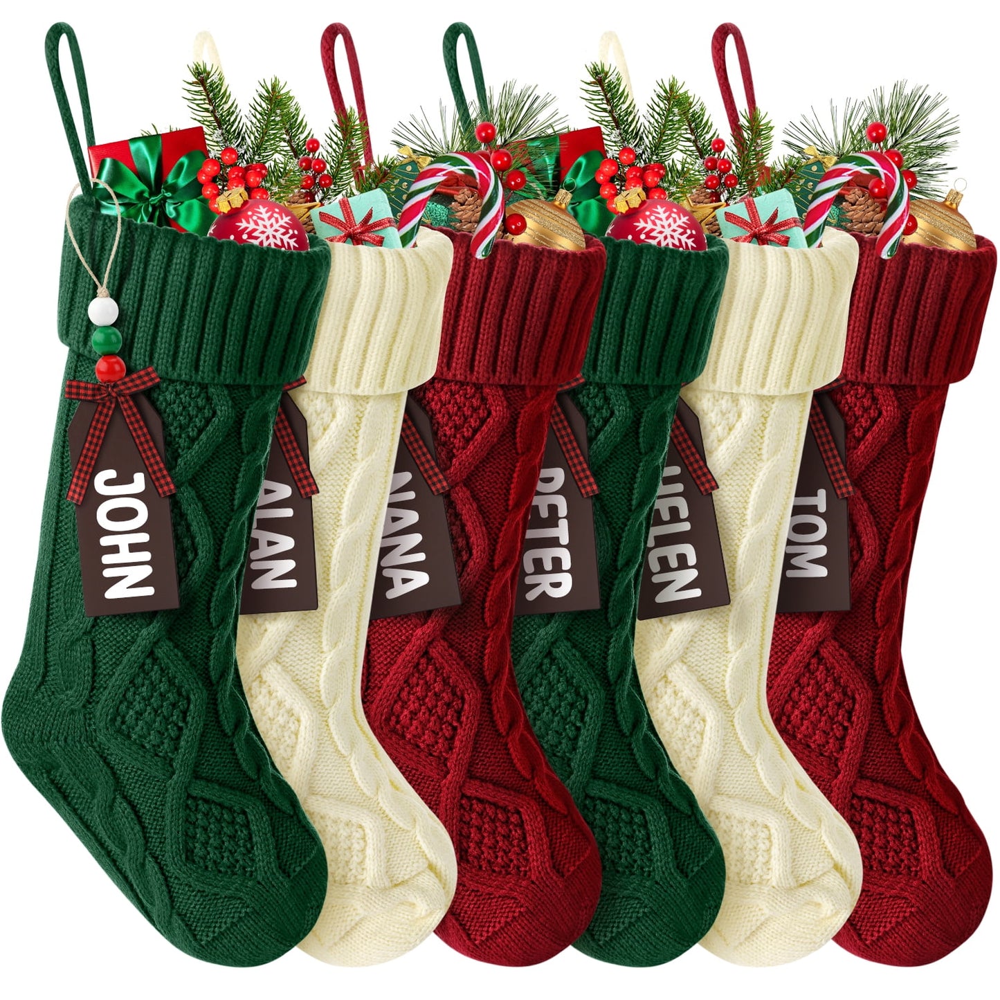 Ayieyill 6Pack Christmas Stockings, 18" Large Knitted Stocking Personalized Xmas Hanging Stocking Decorations with Name Leather Patches for Holiday Christmas Party Family Decor