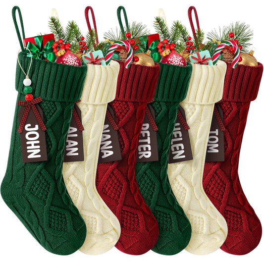 Ayieyill 6Pack Christmas Stockings, 18" Large Knitted Stocking Personalized Xmas Hanging Stocking Decorations with Name Leather Patches for Holiday Christmas Party Family Decor