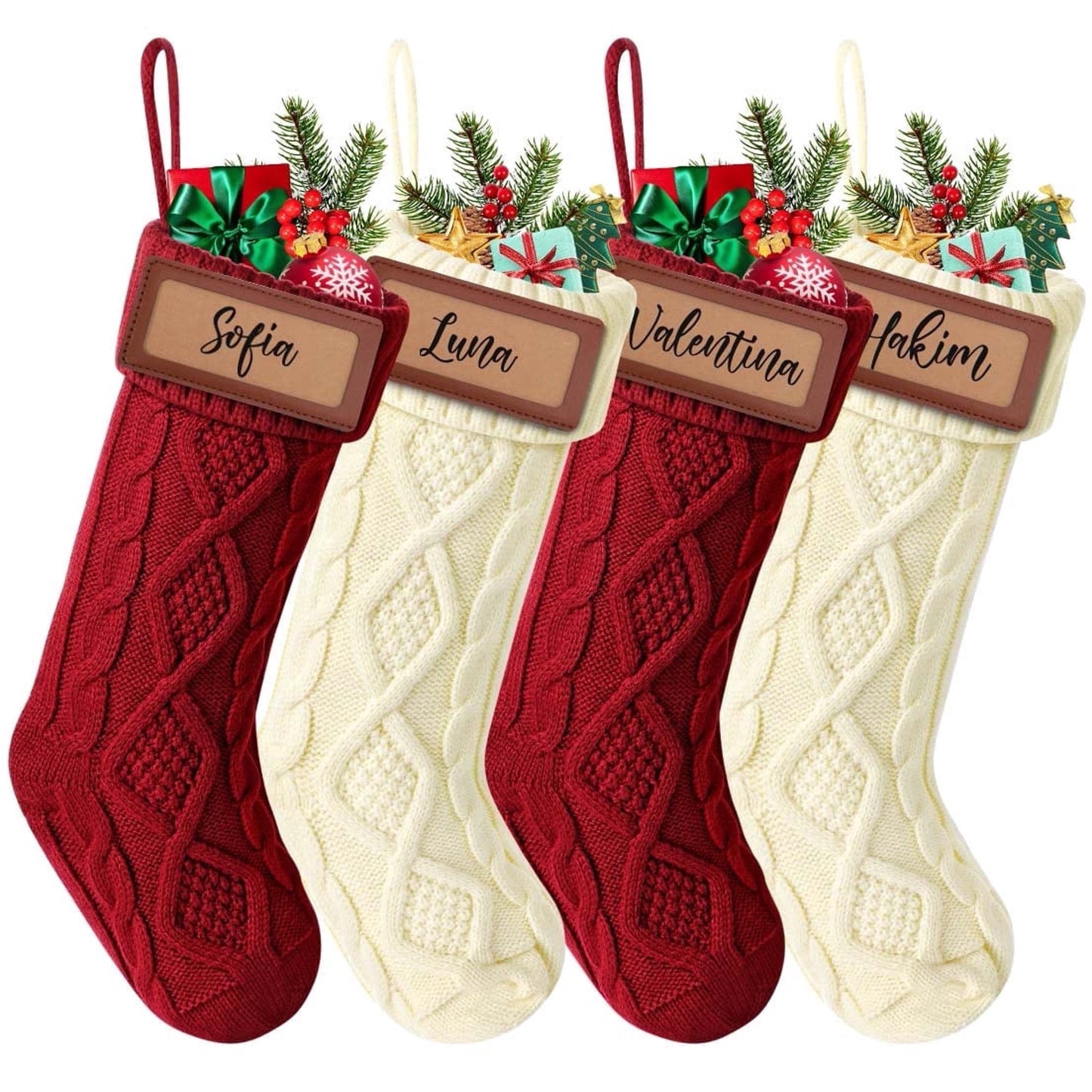 Ayieyill 6Pack Christmas Stockings, 17.7Inches Large Knitted Stocking Personalized Xmas Hanging Stocking Decorations with Name Leather Patches for Holiday Christmas Party Family Decor (Green Red）