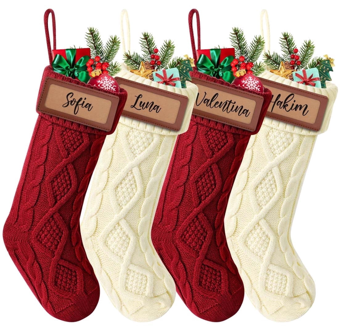 Ayieyill 6Pack Christmas Stockings, 18" Large Knitted Stocking Personalized Xmas Hanging Stocking Decorations with Name Leather Patches for Holiday Christmas Party Family Decor