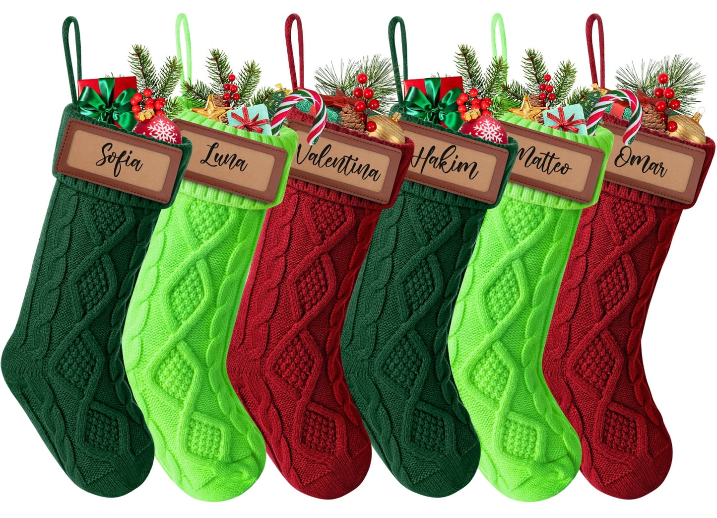 Ayieyill 6Pack Christmas Stockings, 18" Large Knitted Stocking Personalized Xmas Hanging Stocking Decorations with Name Leather Patches for Holiday Christmas Party Family Decor