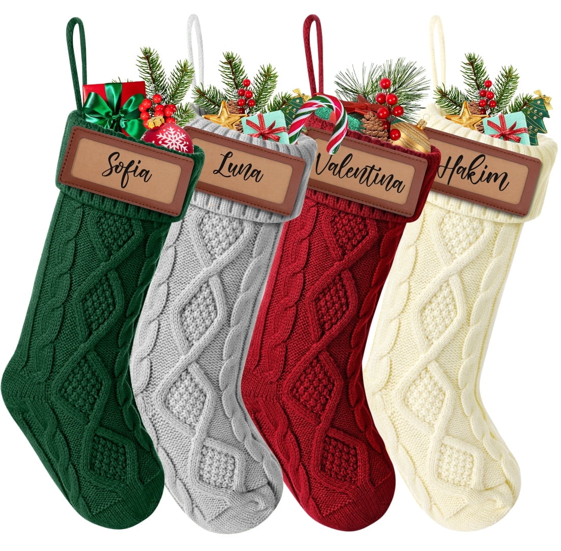 Ayieyill 6Pack Christmas Stockings, 18" Large Knitted Stocking Personalized Xmas Hanging Stocking Decorations with Name Leather Patches for Holiday Christmas Party Family Decor