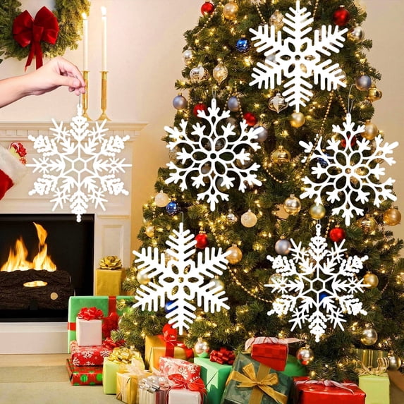 Ayieyill 6pcs Large White Snowflakes Decorations, 12” Big Plastic Glitter Snowflake for Winter Indoor Outdoor Christmas Tree Decorations Giant Craft Snowflakes