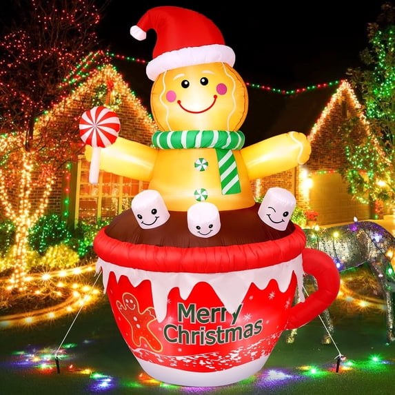 Ayieyill 7FT Christmas Inflatables Cup Gingerbread Man Funny Christmas Inflatables with LED Lights, Christmas Blow up Decorations Outdoor