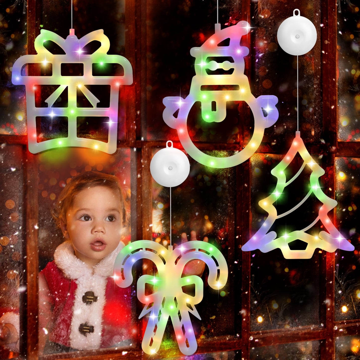 Ayieyill Christmas Window Decorations Lighted Indoor, Christmas Window Clings with Suction Cup | 4 Pcs