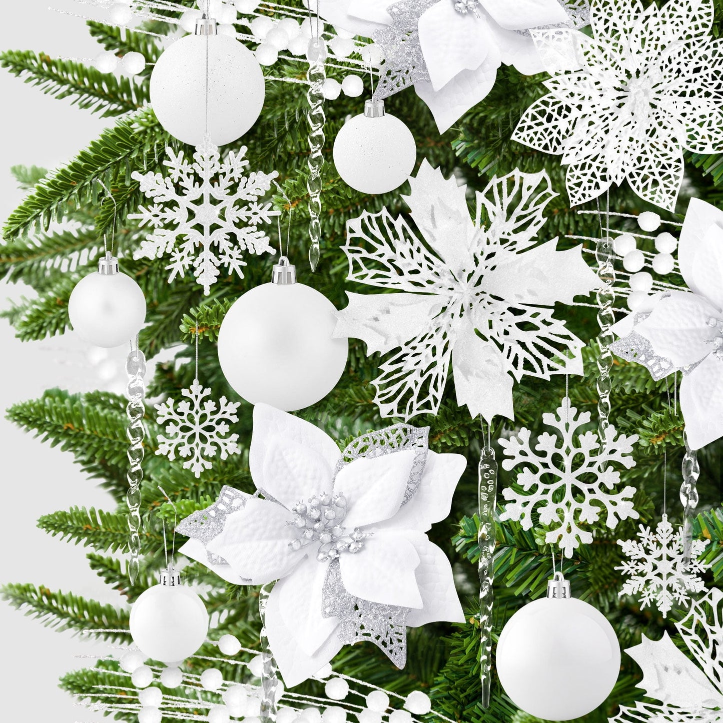 Ayieyill 92Pcs Christmas Tree Decorations Includes Poinsettia Christmas Flowers, Ball Ornaments, Artificial Glitter Berry Stems, Snowflake and Icicle Drop Crystal Ornaments