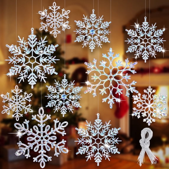 Ayieyill 6pcs Large White Snowflakes Decorations, 12” Big Plastic Glitter Snowflake for Winter Indoor Outdoor Christmas Tree Decorations Giant Craft Snowflakes