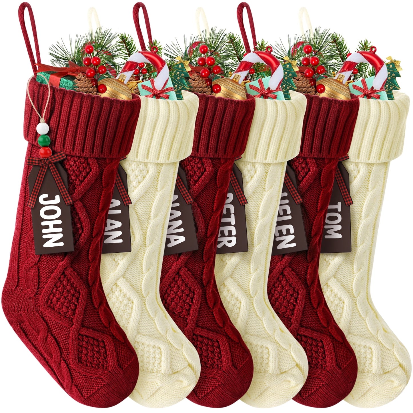 Ayieyill 6Pack Christmas Stockings, 18" Large Knitted Stocking Personalized Xmas Hanging Stocking Decorations with Name Leather Patches for Holiday Christmas Party Family Decor