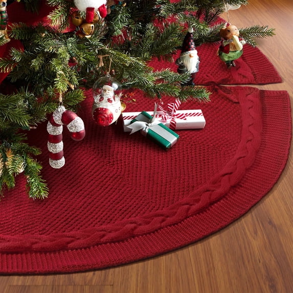 Ayieyill Christmas Tree Skirt, 48 inches White Tree Skirt Luxury Cable Knit Knitted Thick Rustic Xmas Tree Skirt Christmas Decoration, Cream