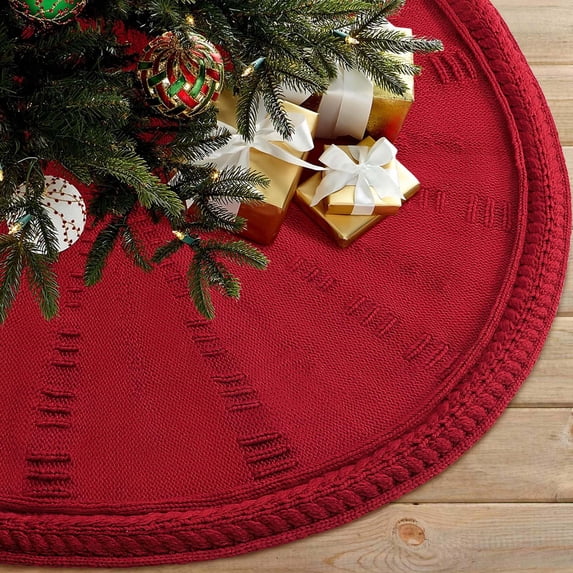 Ayieyill Christmas Tree Skirt, 48 inches White Tree Skirt Luxury Cable Knit Knitted Thick Rustic Xmas Tree Skirt Christmas Decoration, Cream