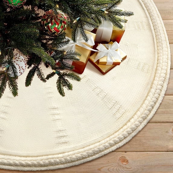 Ayieyill Christmas Tree Skirt, 48 inches White Tree Skirt Luxury Cable Knit Knitted Thick Rustic Xmas Tree Skirt Christmas Decoration, Cream