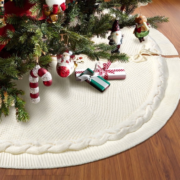 Ayieyill Christmas Tree Skirt, 48 inches White Tree Skirt Luxury Cable Knit Knitted Thick Rustic Xmas Tree Skirt Christmas Decoration, Cream