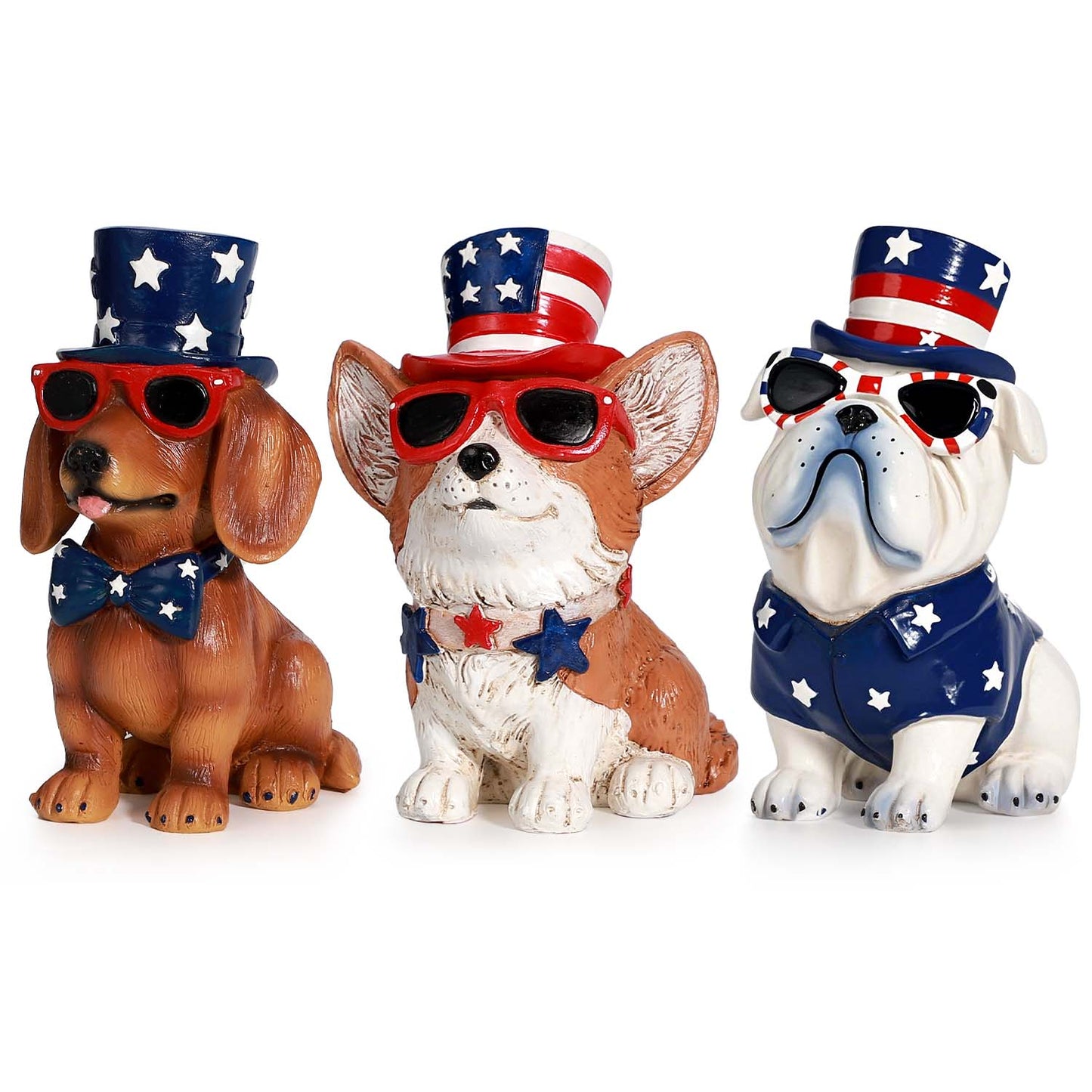 Ayieyill 3pcs 4th of July Patriotic Dog Figurines, Fourth of July Independence Day Decorations, Memorial Day Decor, White