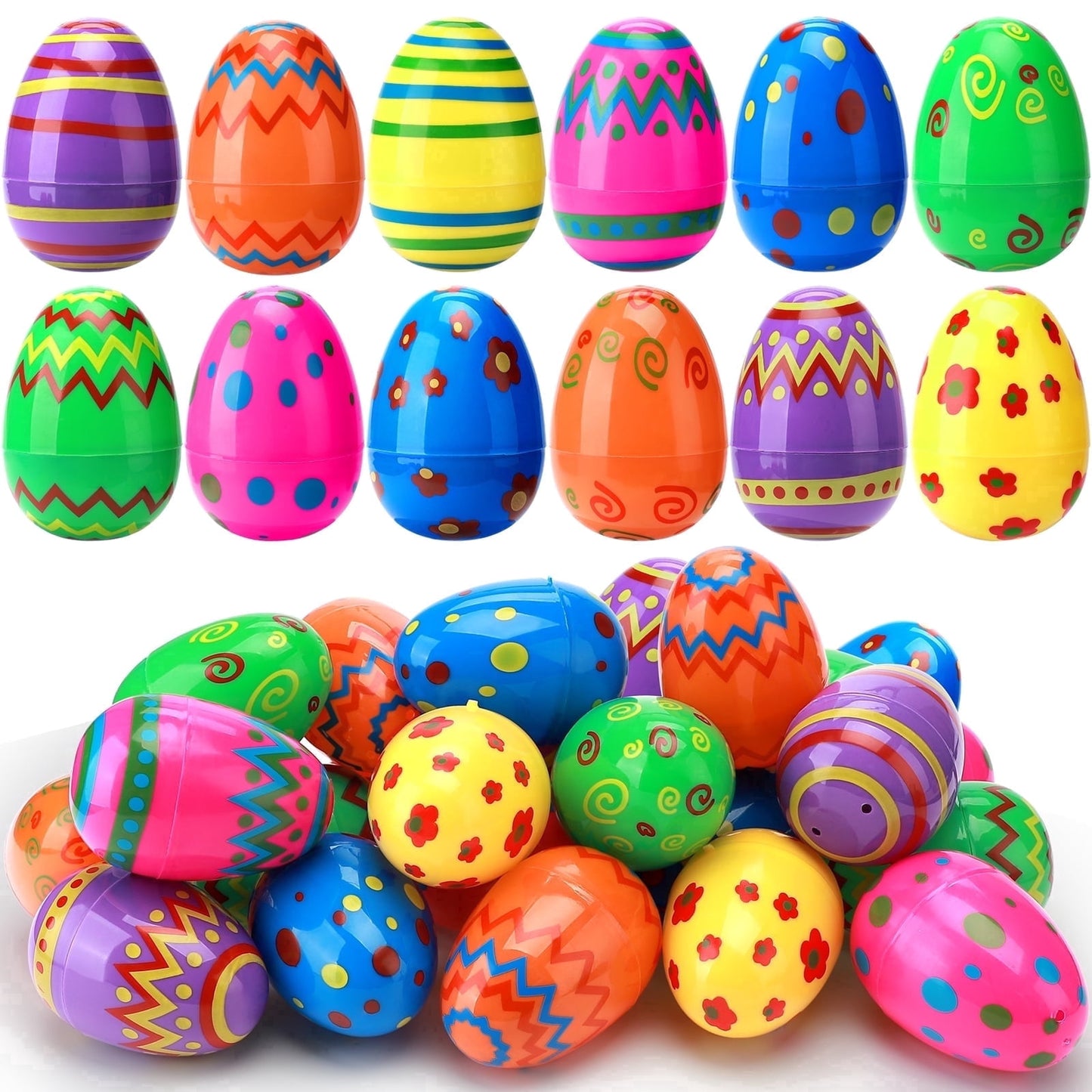 Ayieyill Easter Eggs, 36pcs 2.9 Inch Printed Plastic Fillable Easter Eggs Empty ,Plastic Eggs for Easter Hunt Event, Basket Stuffers Fillers, Classroom Prize Supplie