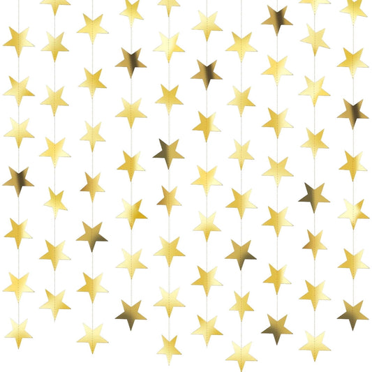 Ayieyill Glittering Gold Star Garland, 130FT Hanging Stars Banner, Star Backdrop, Perfect for Christmas Decorations, Halloween and Graduation Season