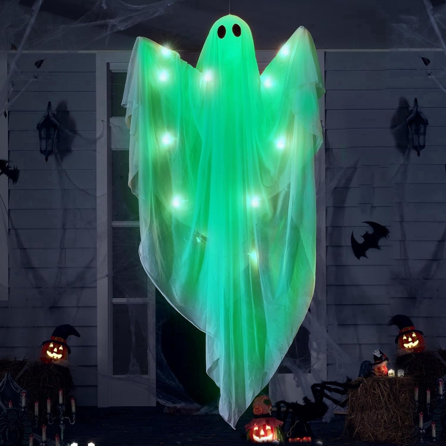 Ayieyill Halloween Ghost Decor with Blue LED Light, 47” Light up Hanging Ghost Halloween Yard Porch Decorations Outdoor