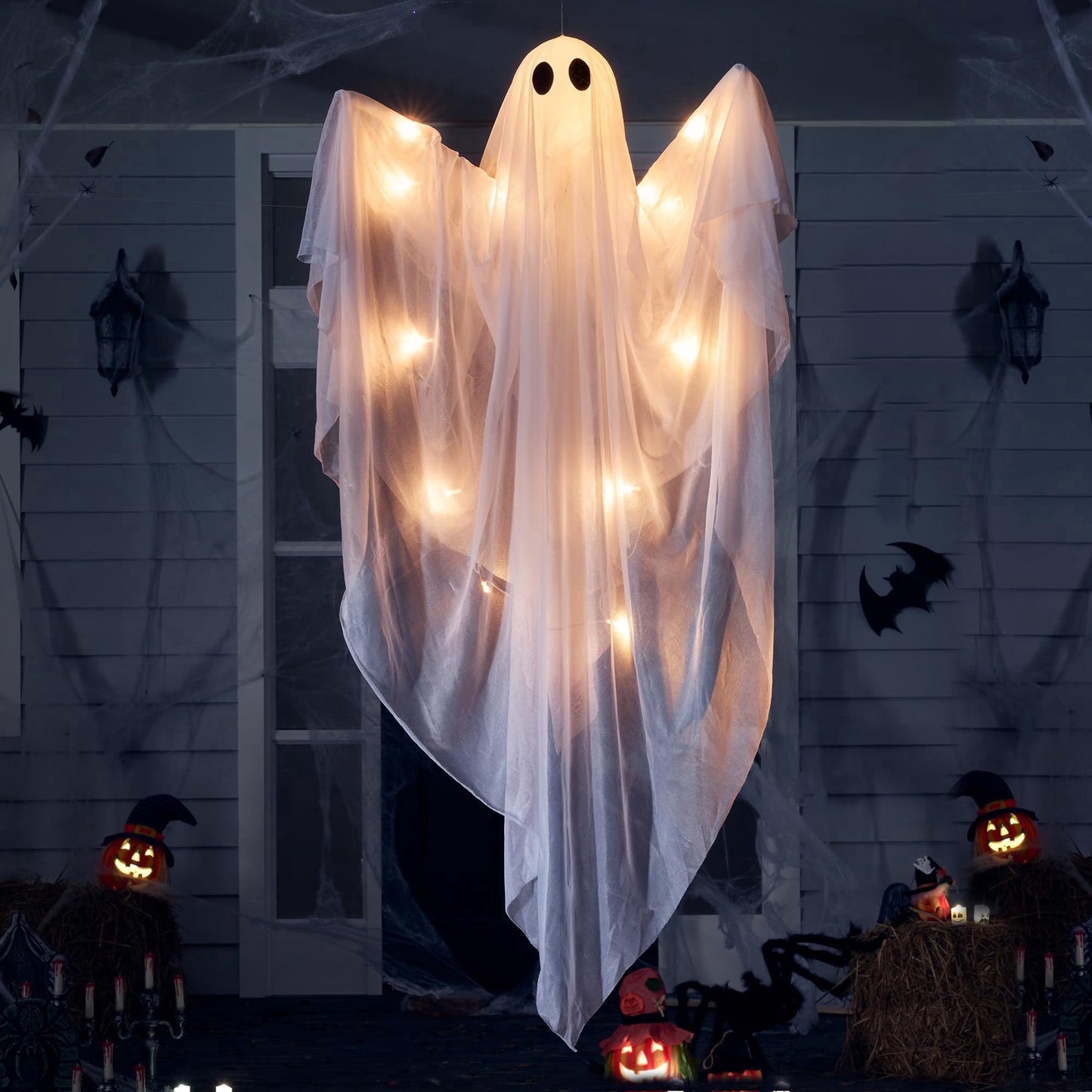 Ayieyill Halloween Ghost Decor with Blue LED Light, 47” Light up Hanging Ghost Halloween Yard Porch Decorations Outdoor