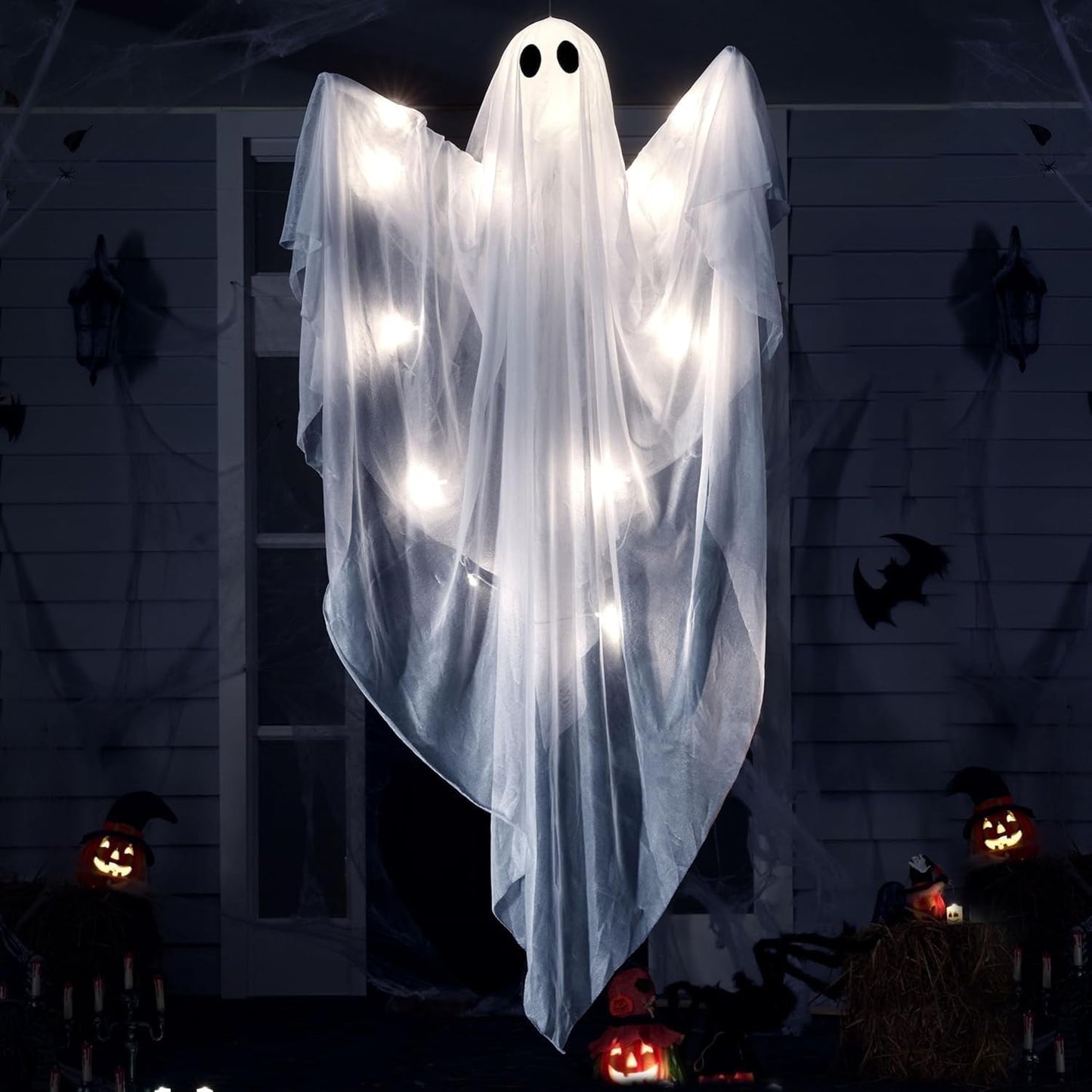 Ayieyill Halloween Ghost Decor with Blue LED Light, 47” Light up Hanging Ghost Halloween Yard Porch Decorations Outdoor