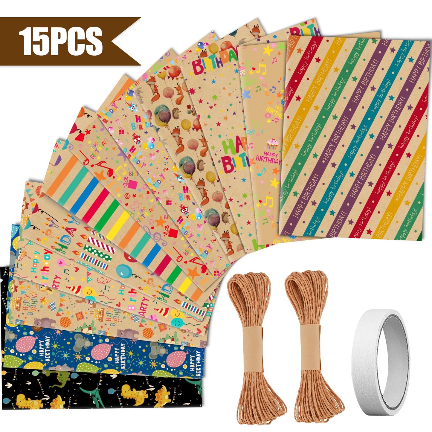 Ayieyill Birthday Wrapping Paper Roll Set of 15 with Ribbon and Tape, Gift Wrap for Happy Birthday Present