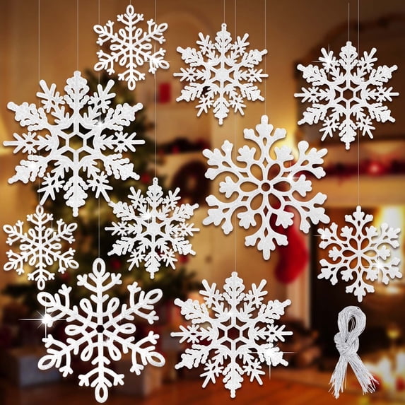 Ayieyill 6pcs Large White Snowflakes Decorations, 12” Big Plastic Glitter Snowflake for Winter Indoor Outdoor Christmas Tree Decorations Giant Craft Snowflakes