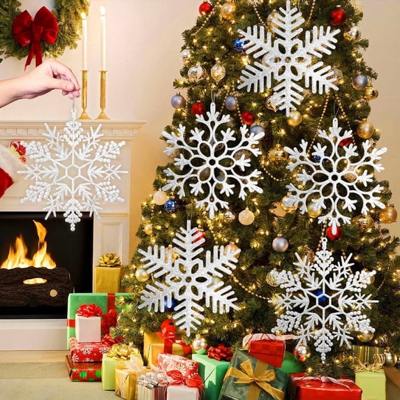 Ayieyill 6pcs Large White Snowflakes Decorations, 12” Big Plastic Glitter Snowflake for Winter Indoor Outdoor Christmas Tree Decorations Giant Craft Snowflakes