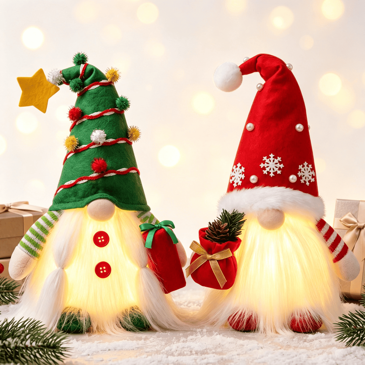Ayieyill Lighted Christmas Gnomes Plush, Handmade Swedish Tomte Holiday Gnome Figurines, Gnome Christmas Decorations 2 Set