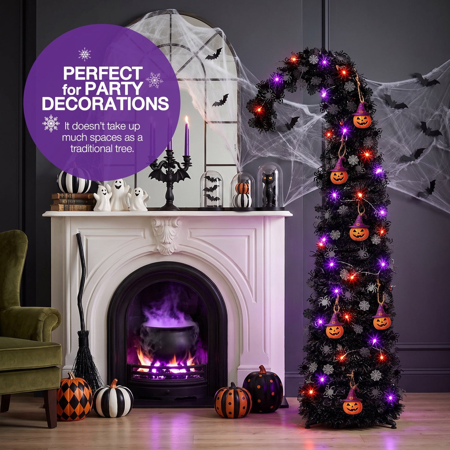 Ayieyill 5ft Pop up Black Halloween Tree, Collapsible Pencil Tree with Spider Web Decor Halloween Decorations