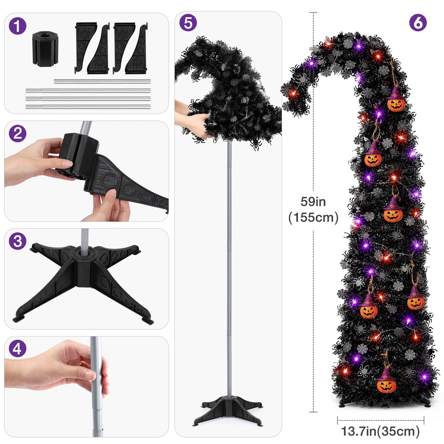 Ayieyill 5ft Pop up Black Halloween Tree, Collapsible Pencil Tree with Spider Web Decor Halloween Decorations