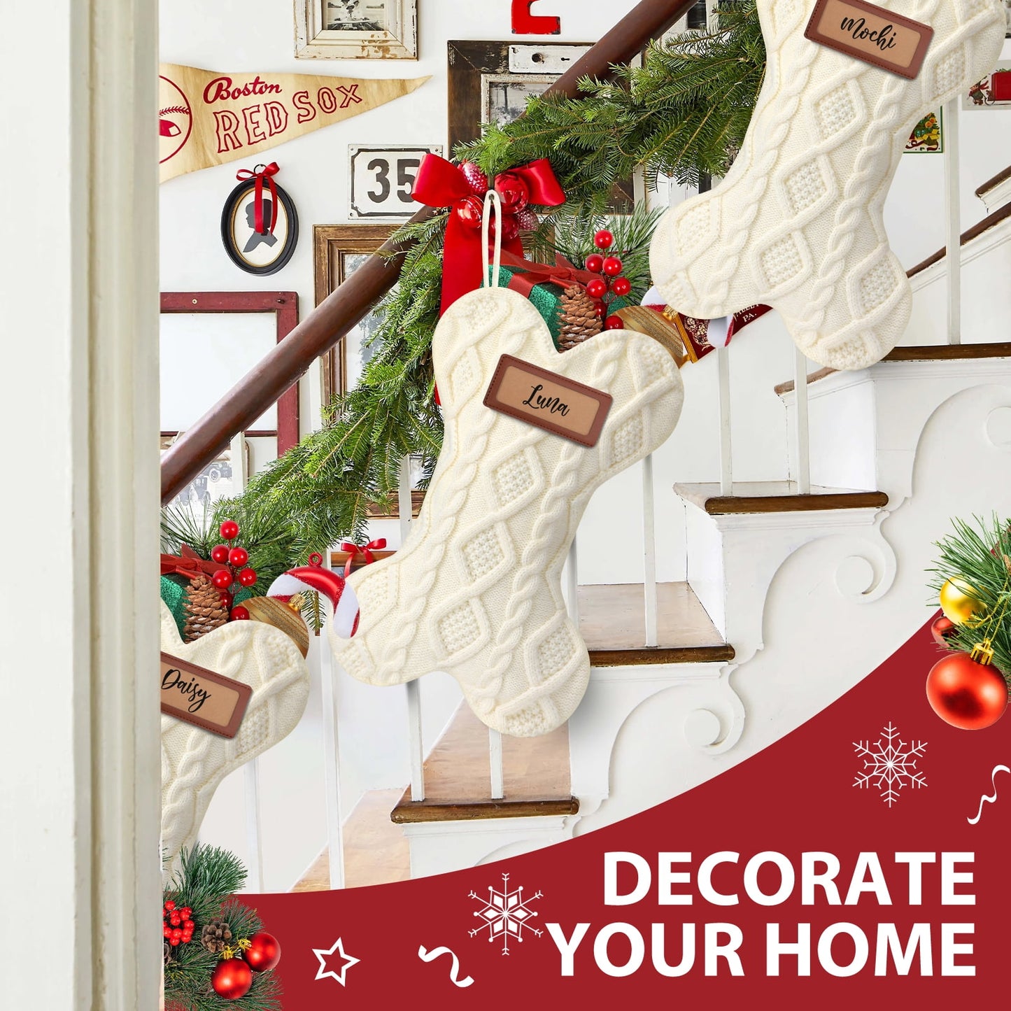 Ayieyill 18 Inch Dog Christmas Stocking, Bone Shape Stocking Christmas for Dog, Large Pet Stockings Hanging Christmas Decorations