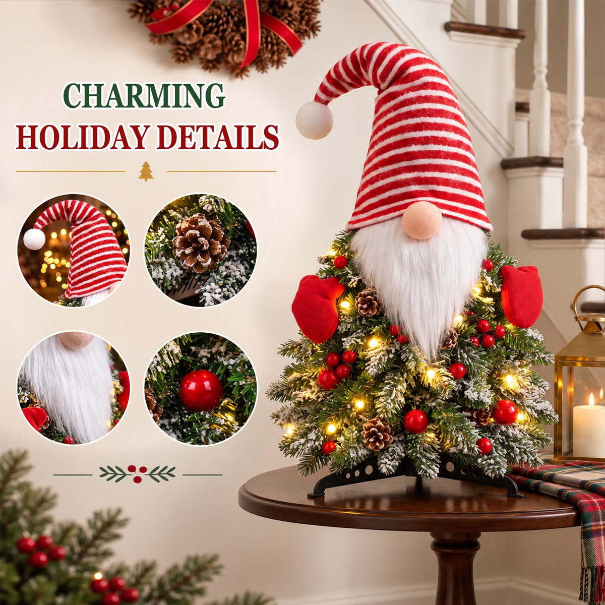 Ayieyill Lighted Christmas Gnome Tree Decor with Timer, Battery Operated Tabletop Christmas Tree with Glowing, Pre-Lit Gnome Decorations for Mantel, Fireplace, Table, Shelf, Indoor Christmas Decor